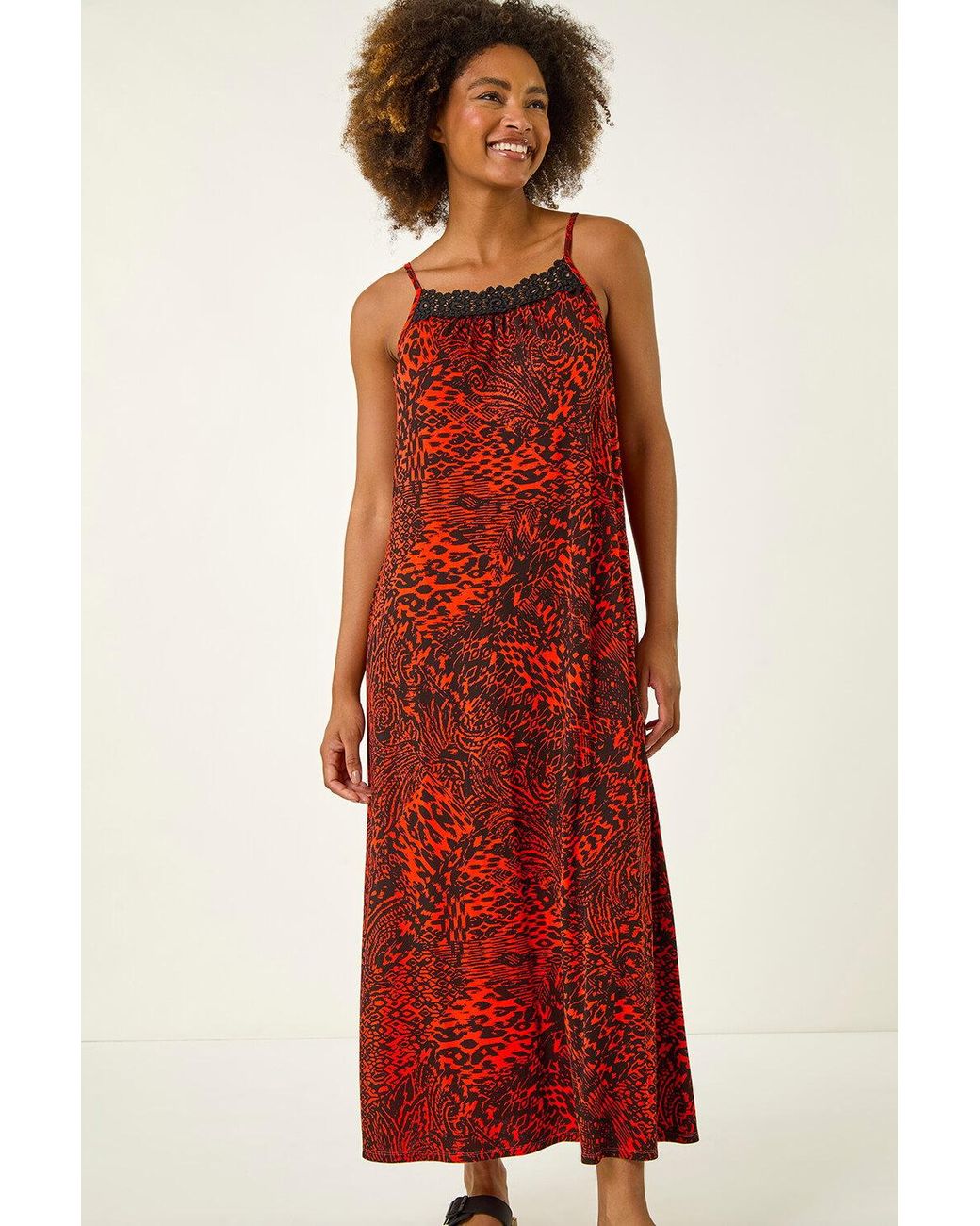 Roman Red Abstract Print Trim Detail Midi Dress