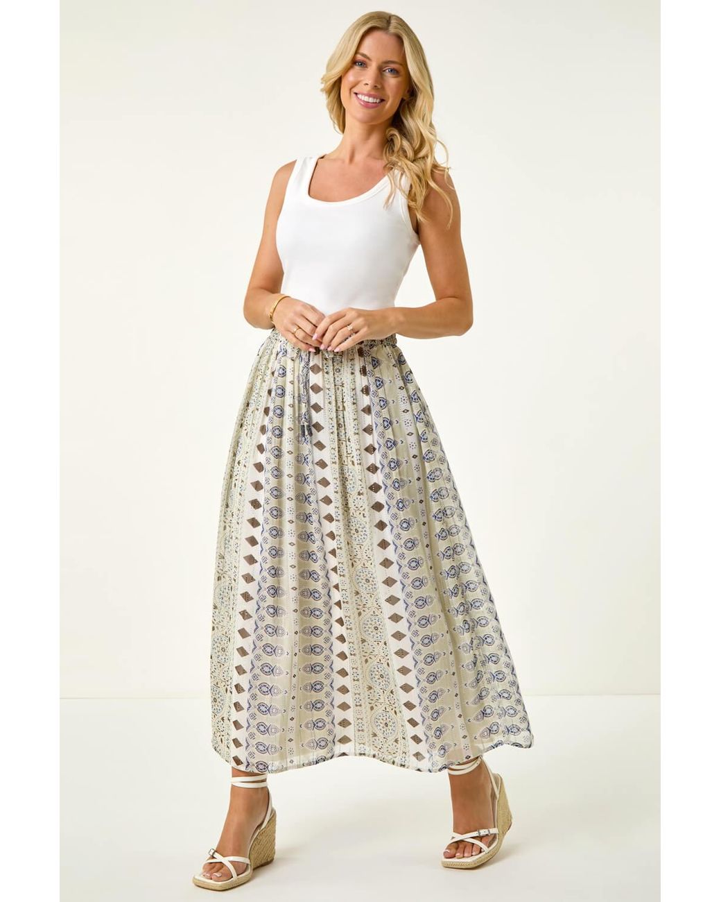 Roman Petite Natural Metallic Print Tie Front Skirt