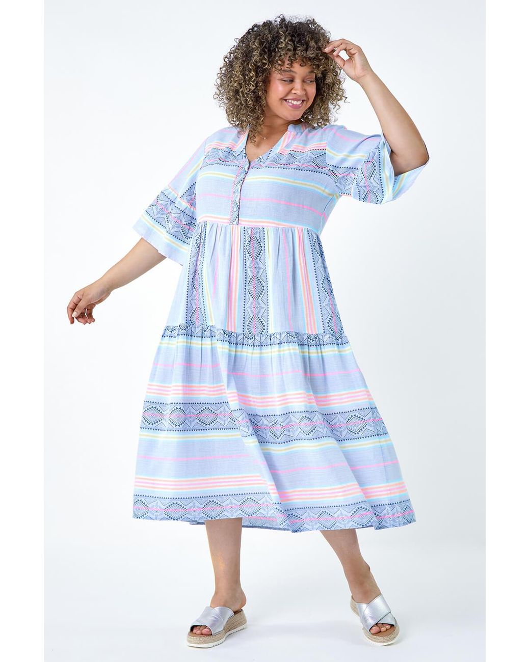 Roman Curve Blue Stripe Print Boho Tiered Dress