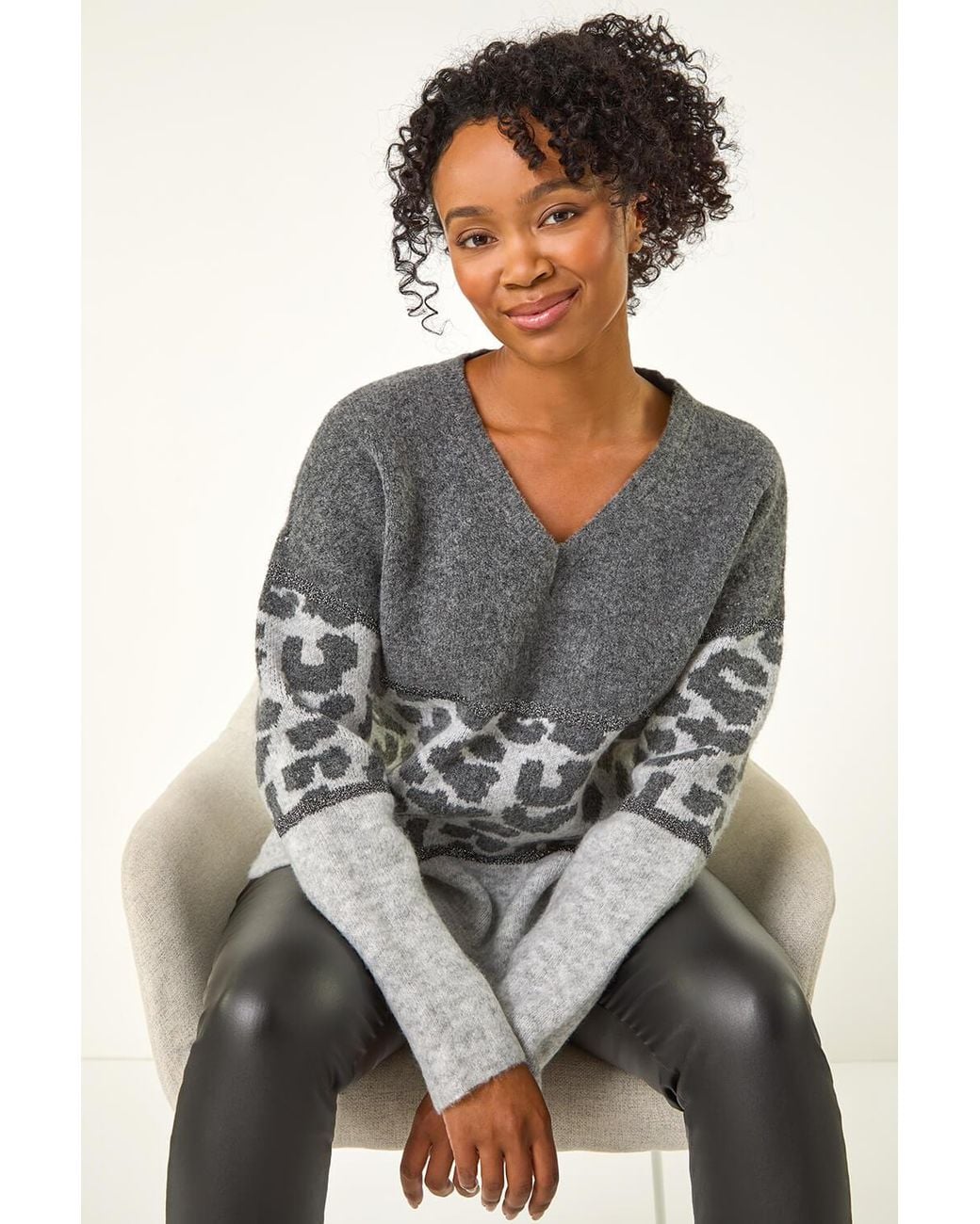 Roman Petite Gray Animal Colourblock Stretch Jumper