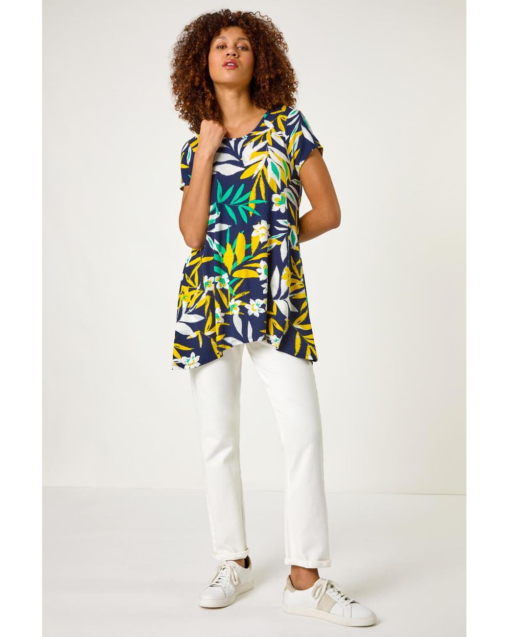 Roman Blue Leaf Print Hanky Hem Tunic Top