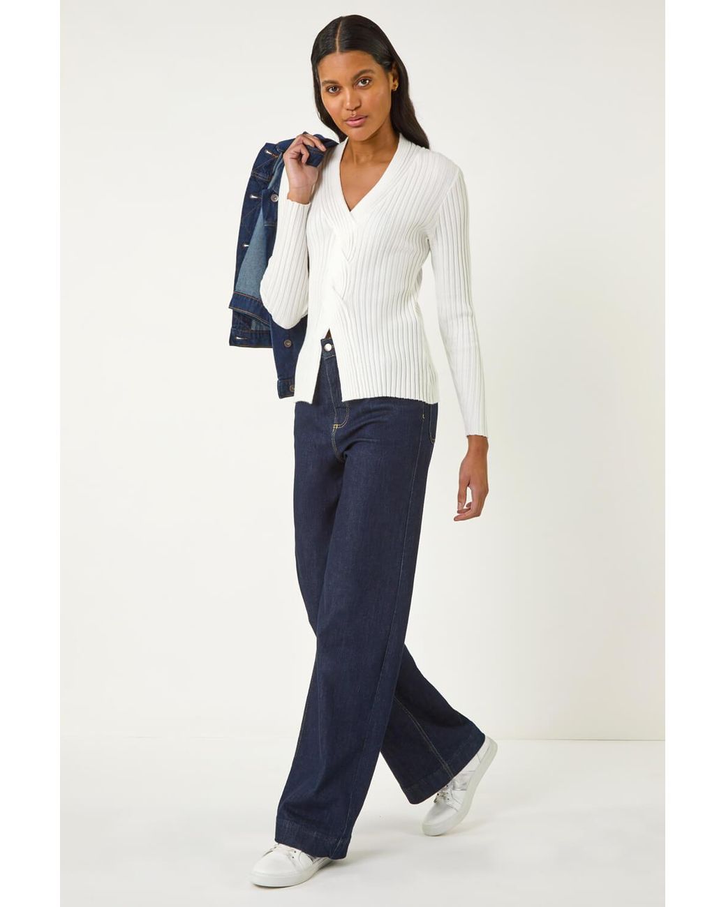 Roman White Cable Split Detail Rib Jumper