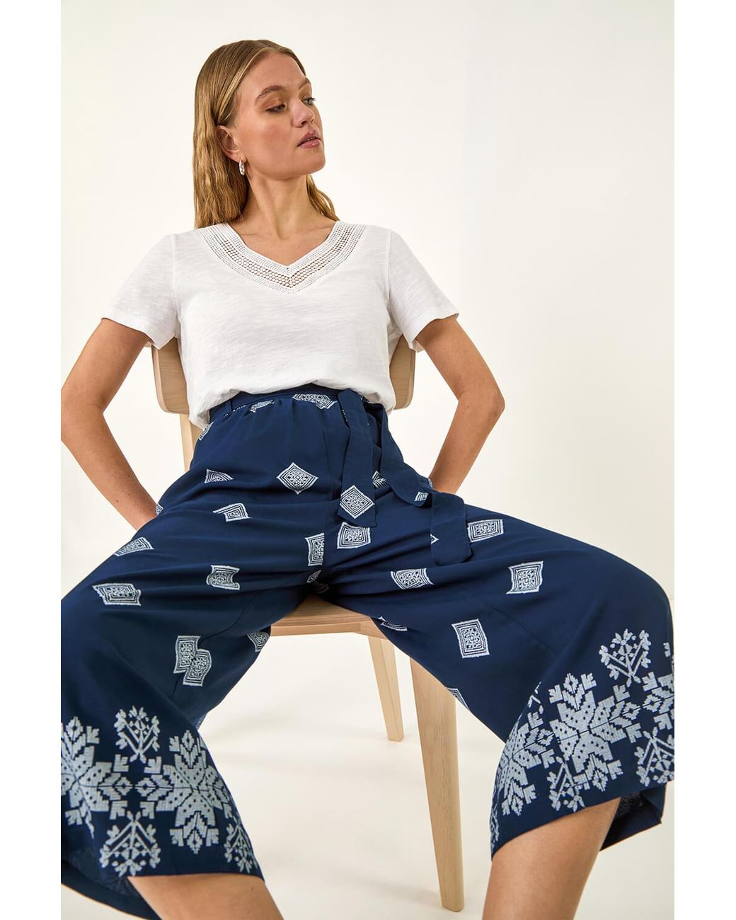 Roman Blue Border Print Belted Trouser