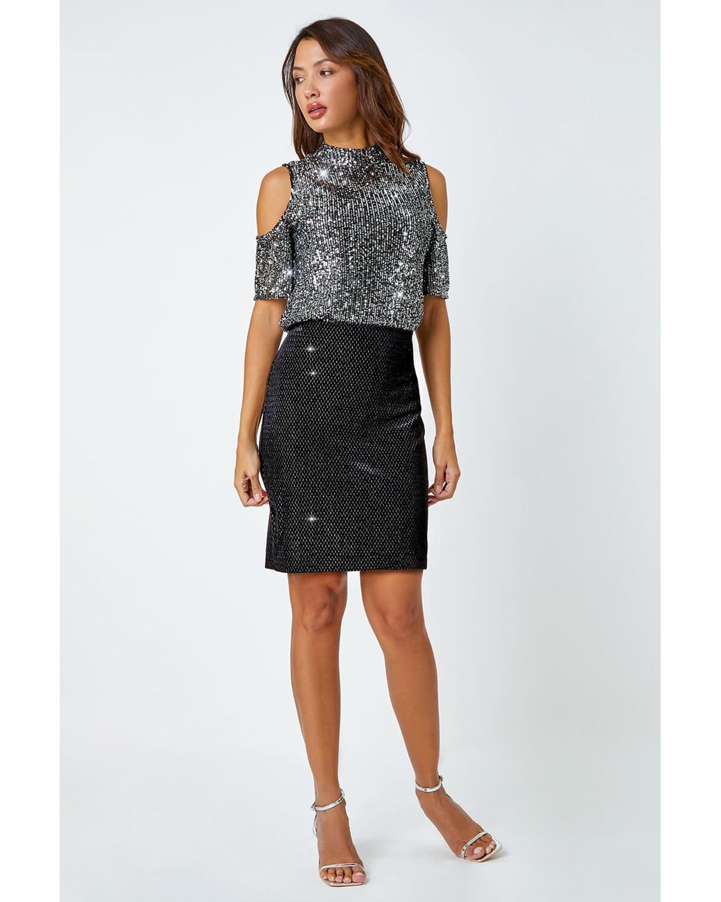 Roman Black Velvet Glitter Pencil Elastic Waist Skirt