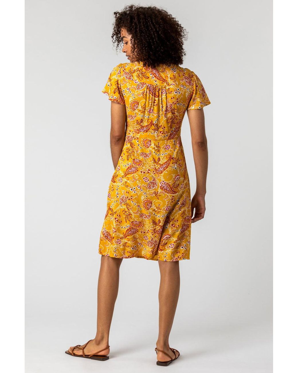 Roman Yellow Paisley Print Twist Knot Dress
