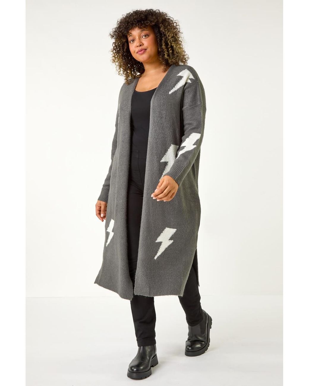 Roman Curve Black Printed Longline Cardigan