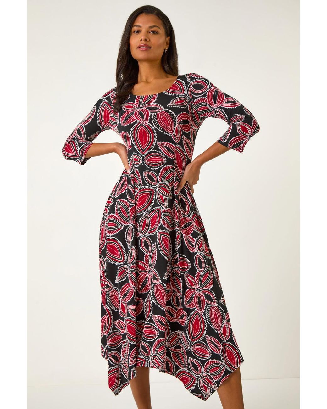 Roman Red Leaf Print Hanky Hem Stretch Midi Dress