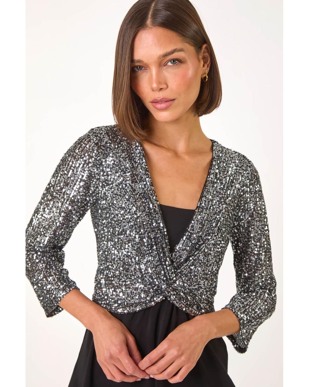 Roman Gray Sequin Bodice V-Neck Stretch Top