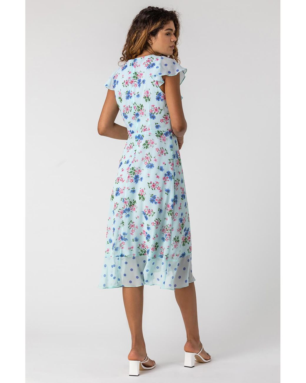 Roman Blue Floral Spot Print Frill Wrap Dress