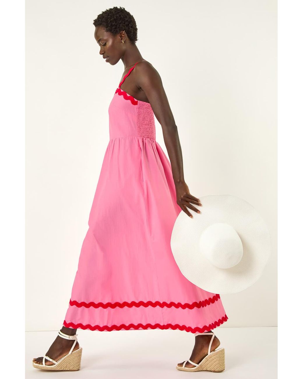 Roman Pink Contrast Ric Rac Midi Dress