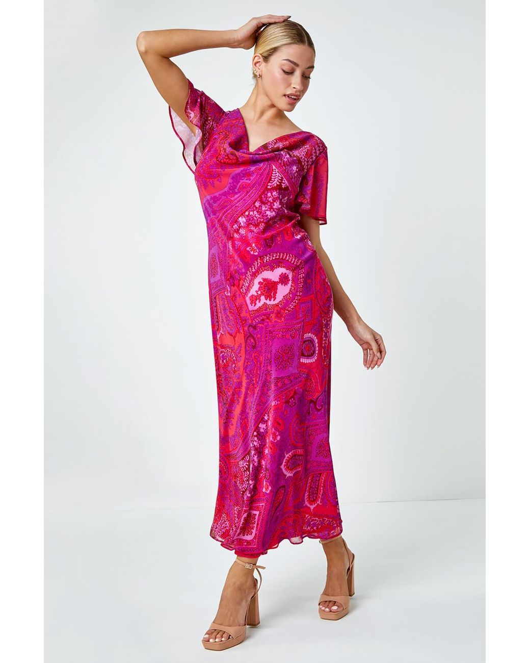 D.u.s.k Pink Paisley Print Cowl Neck Dress