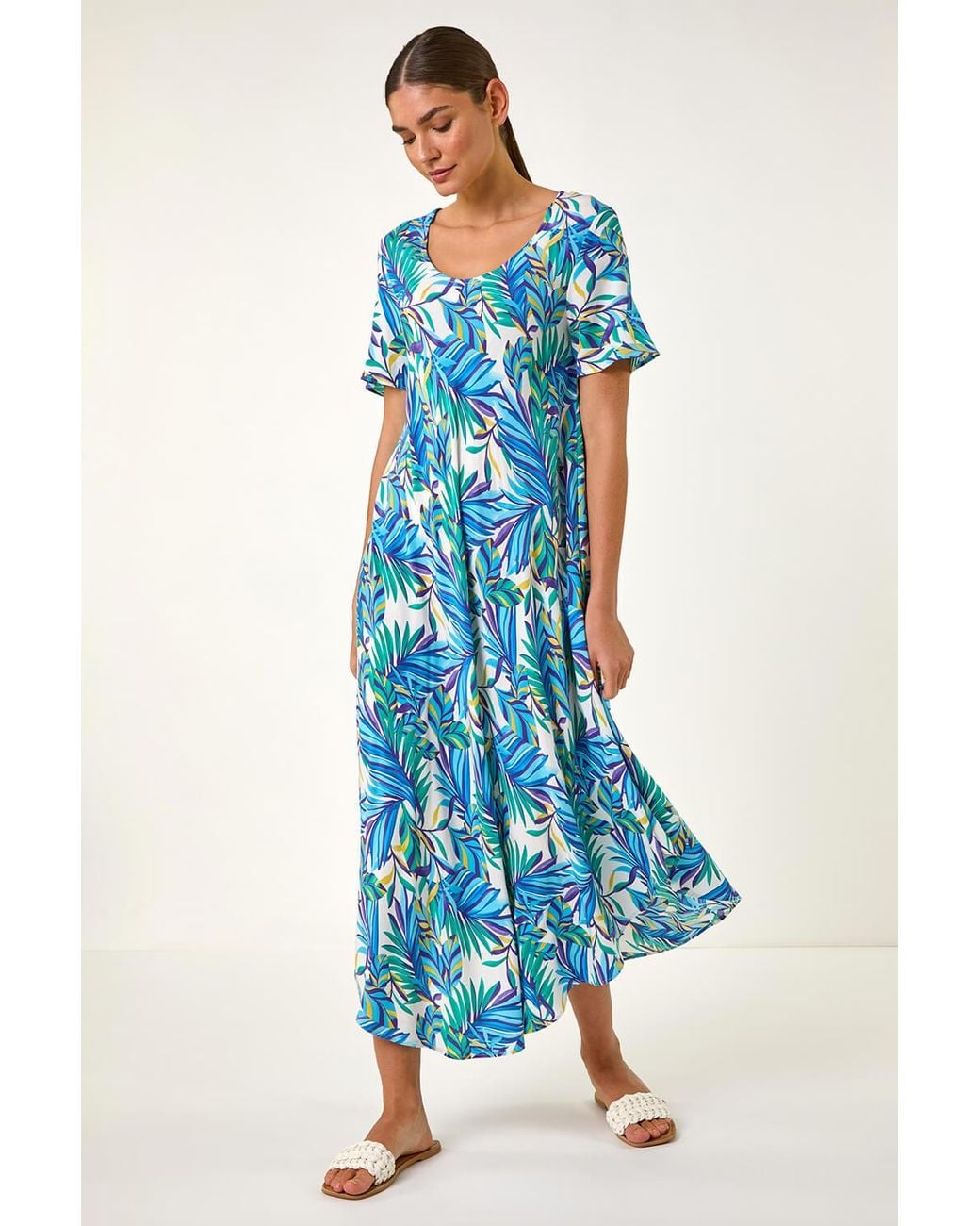 Roman Blue Leaf Curved Hem Midi T-Shirt Dress
