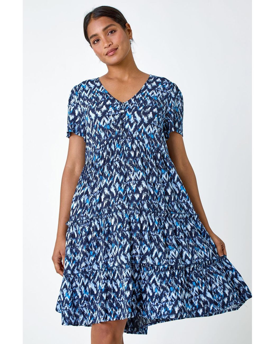 Roman Blue Zig Zag Pocket Tiered Smock Dress