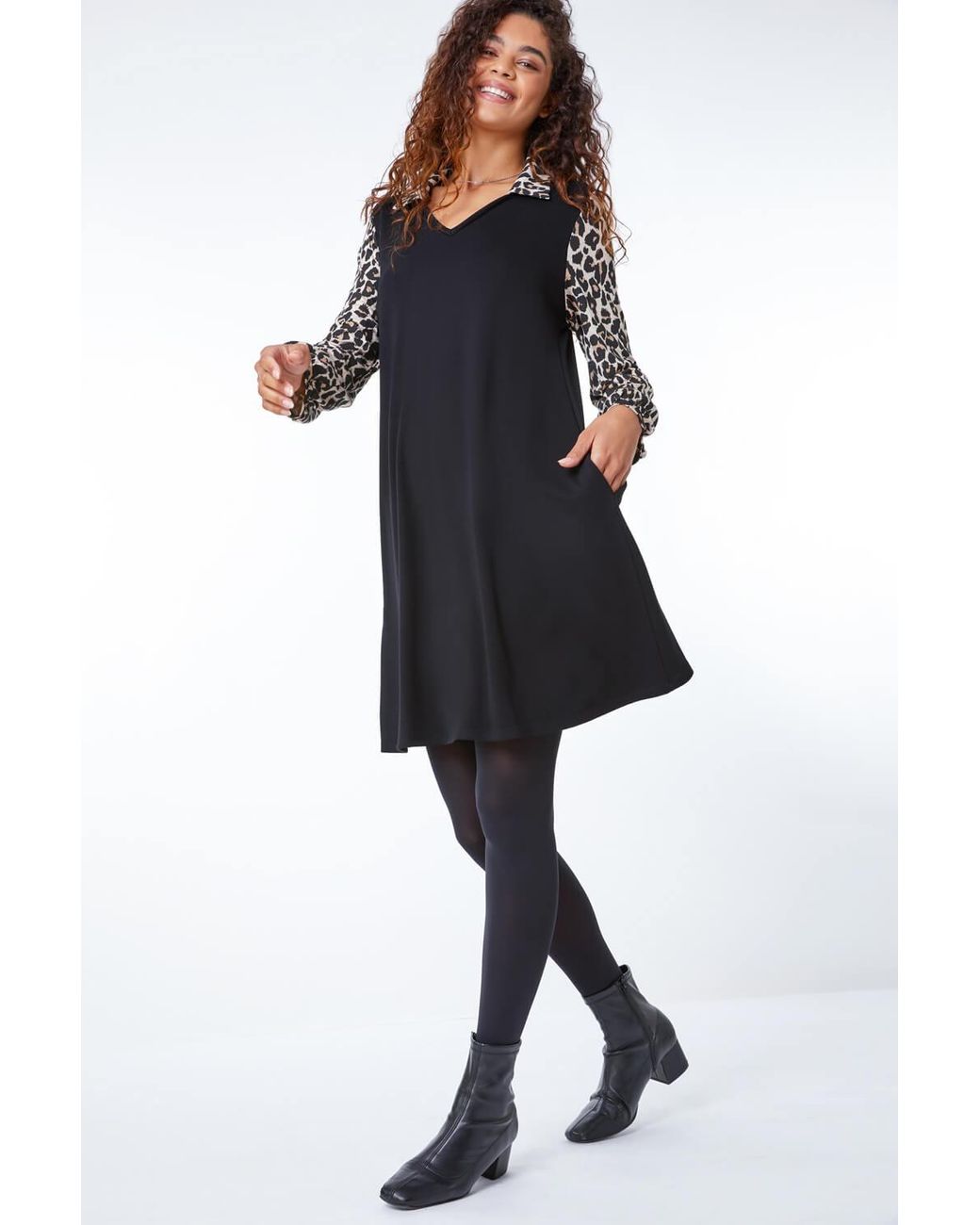 Roman Black Contrast Leopard Print Swing Dress