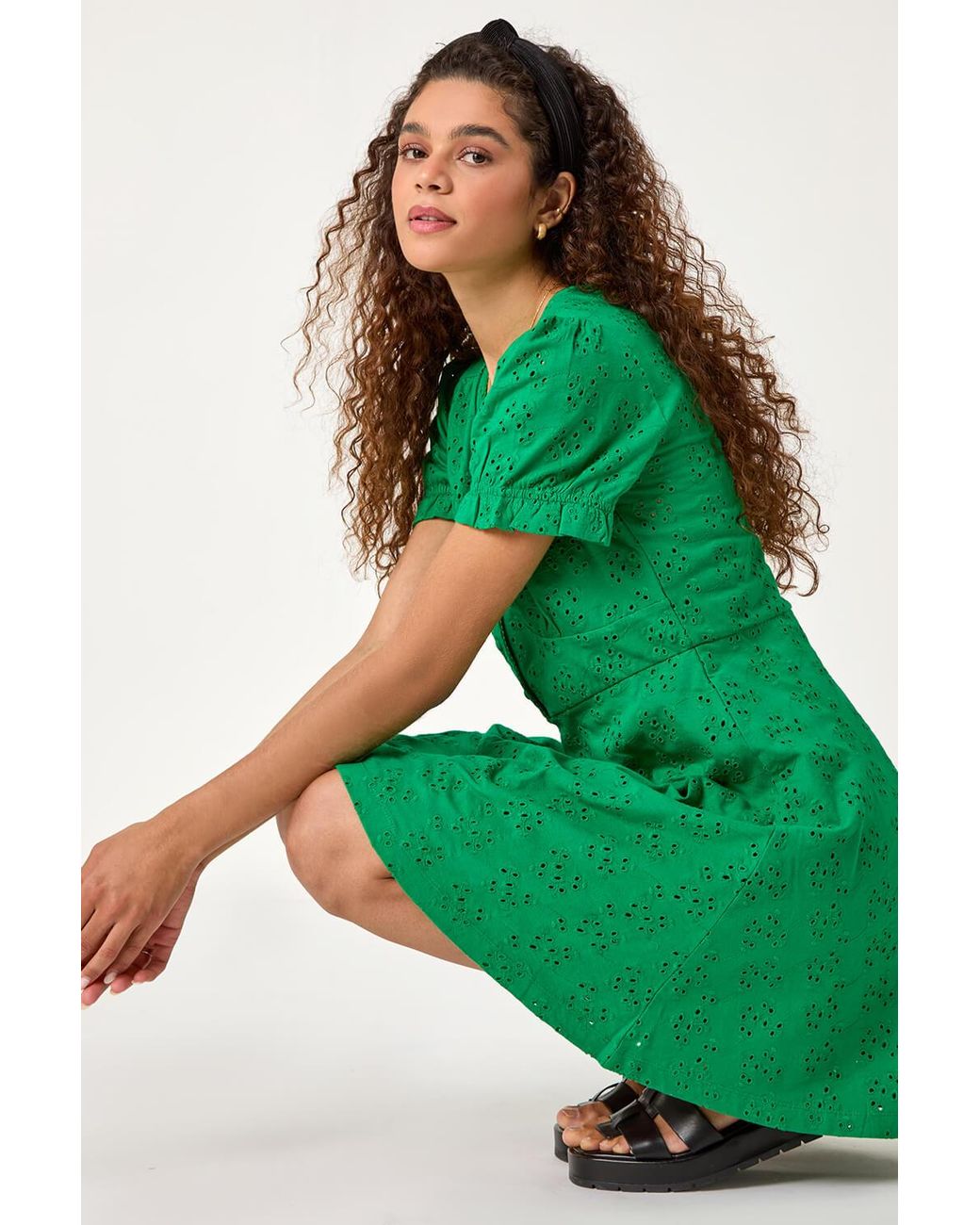 Roman Green Broderie Cotton Stretch Jersey Frill Dress