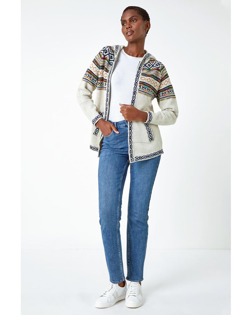 Roman Blue Nordic Print Knitted Zip Up Hoodie