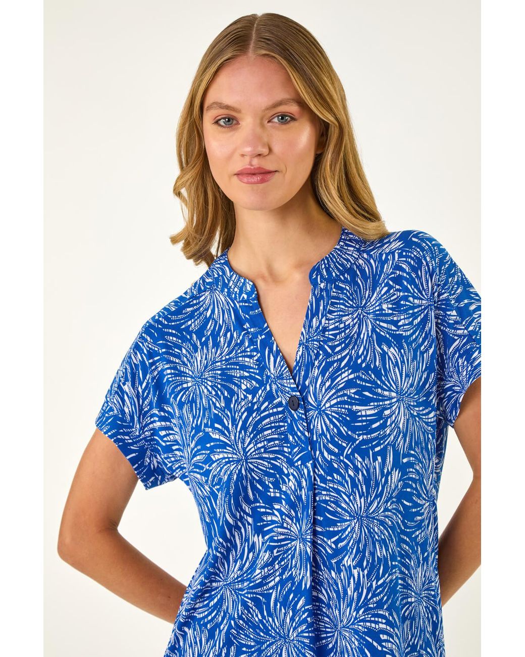 Roman Blue Abstract Print V-Neck Stretch Top