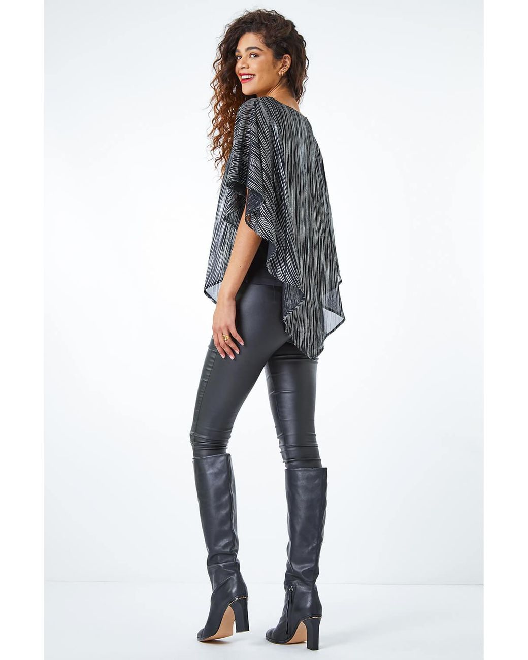 Roman Black Metallic Print Chiffon Overlay Top
