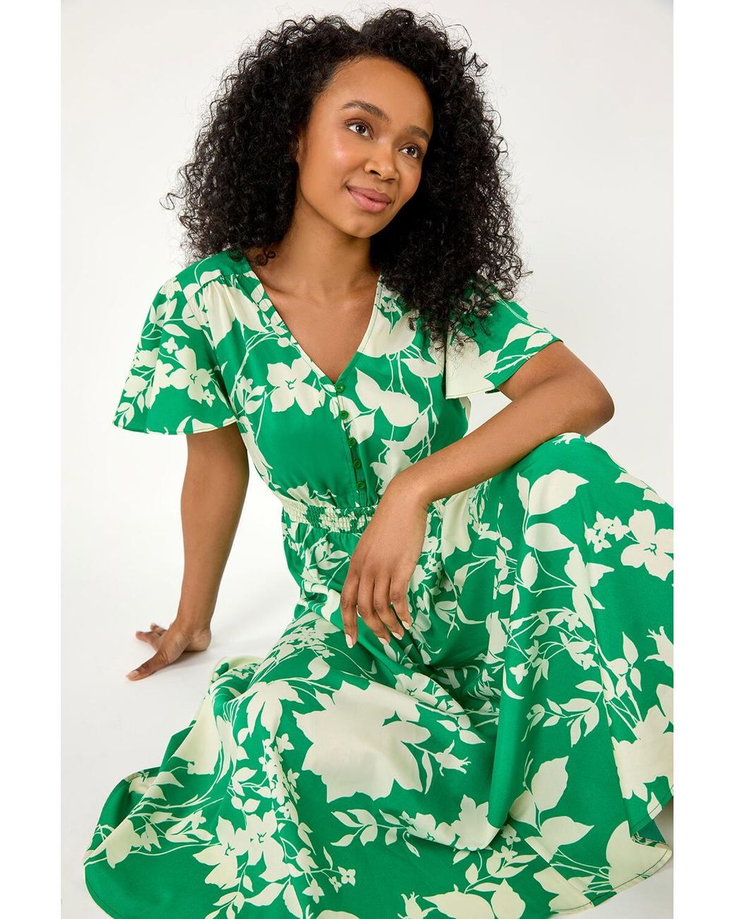Roman Petite Green Leaf Print Shirred Midi Dress