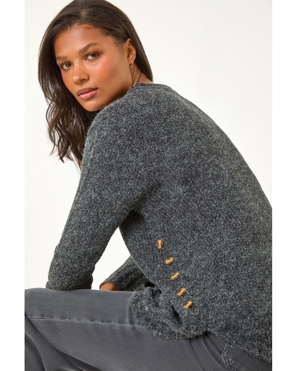 Roman Gray Button Detail Curved Hem Jumper