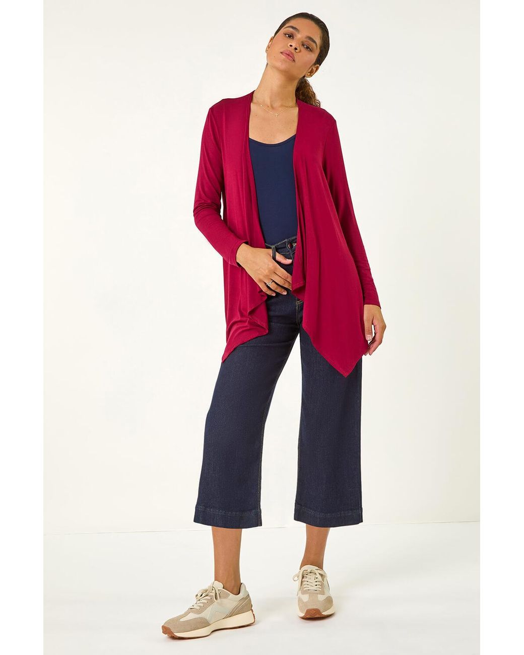 Roman Red Waterfall Front Jersey Knit Cardigan