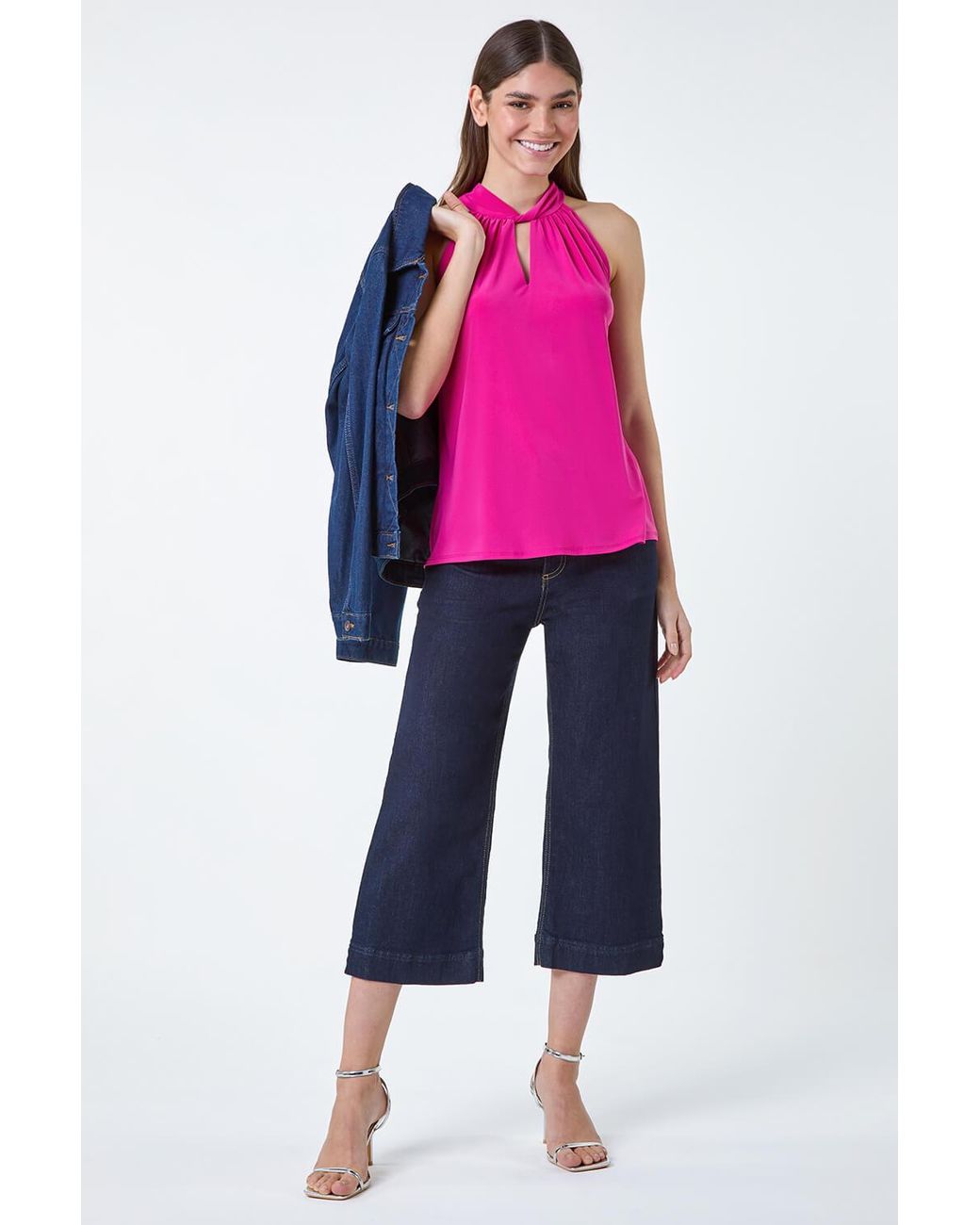Roman Pink Twist Neck Tie Back Stretch Top