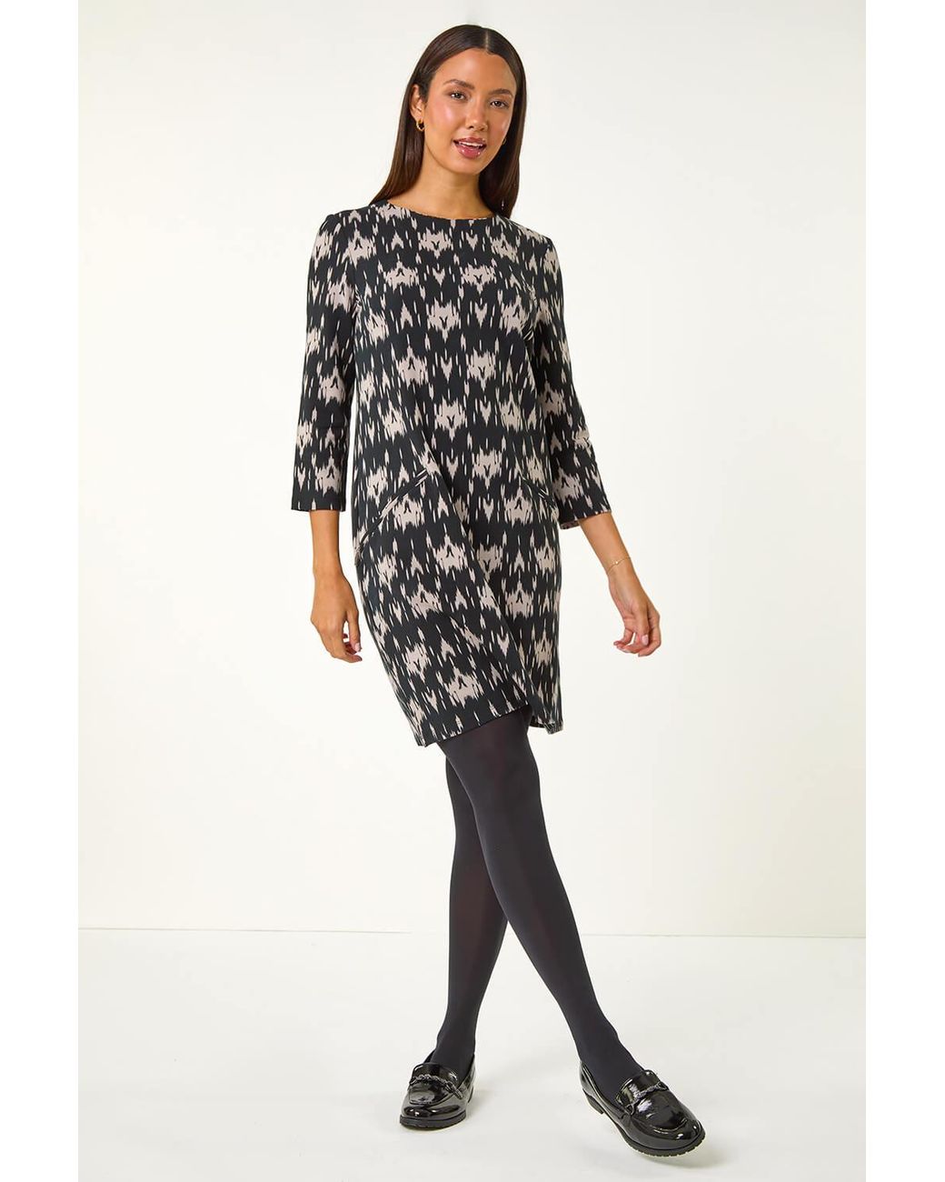 Roman Black Abstract Zip Trim Stretch Shift Dress