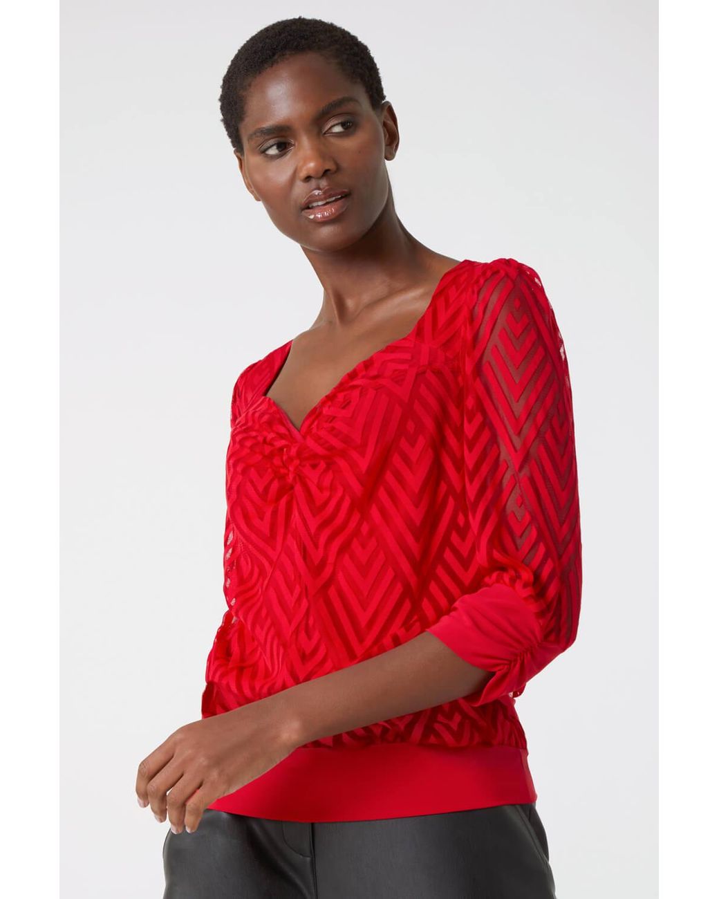 Roman Red Chevron Twist Front Blouson Stretch Top