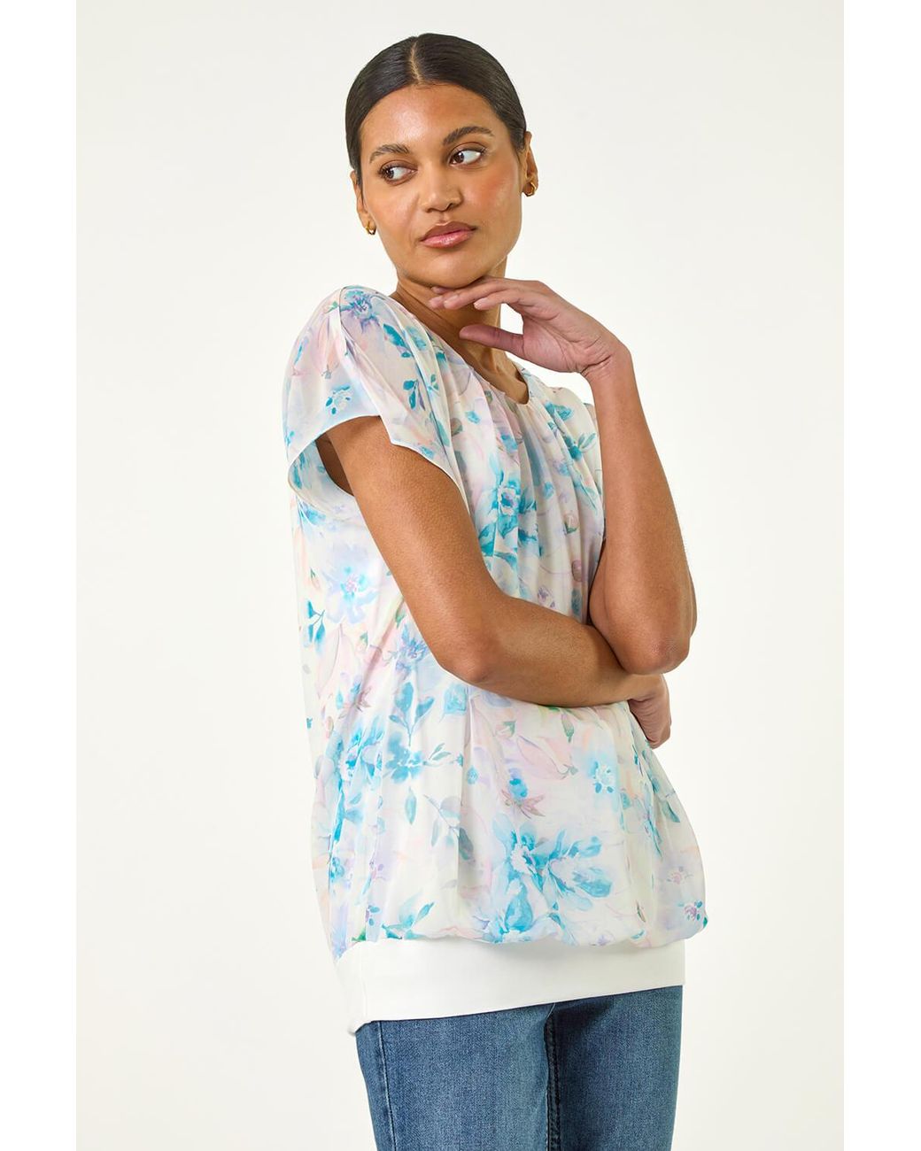 Roman White Floral Print Bubble Hem Top