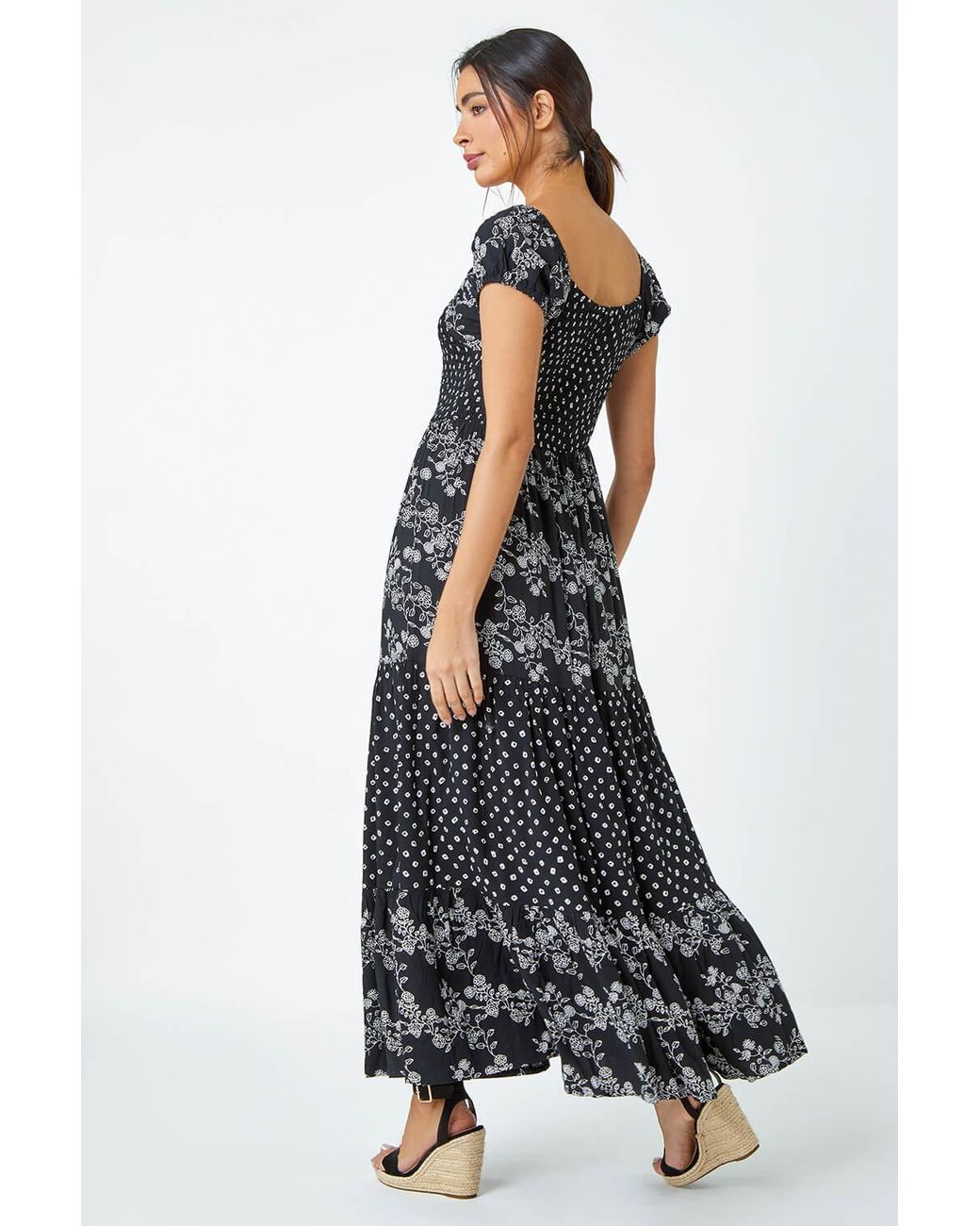 Roman White Abstract Tie Detail Tiered Maxi Dress