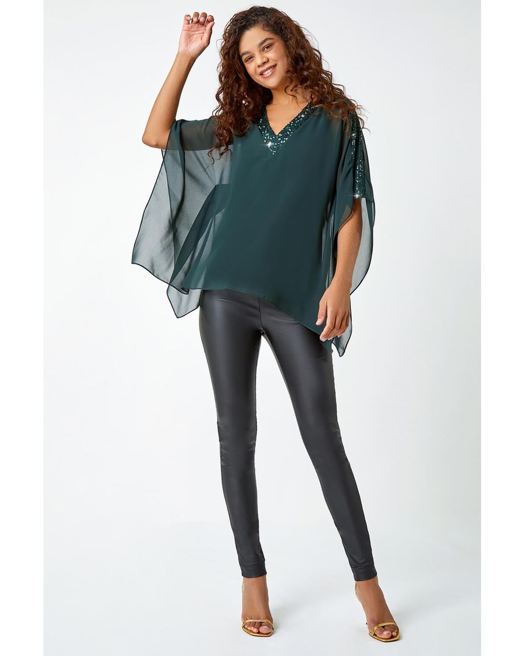 Roman Blue Sequin Trim Chiffon Overlay Tunic Stretch Top