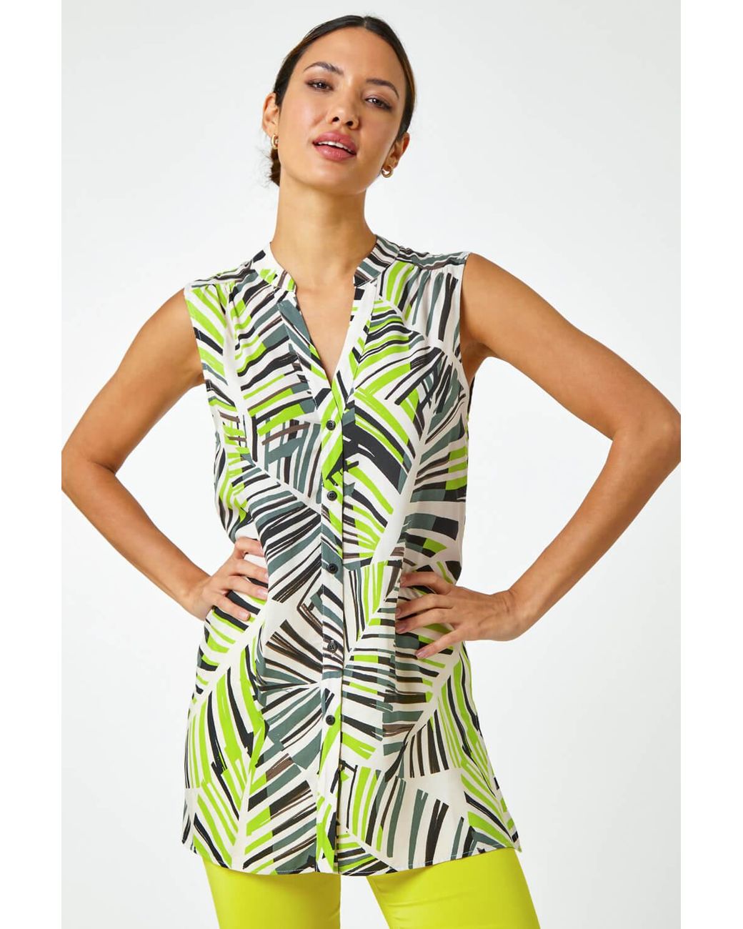 Roman Green Palm Print Notch Neck Button Tunic Top
