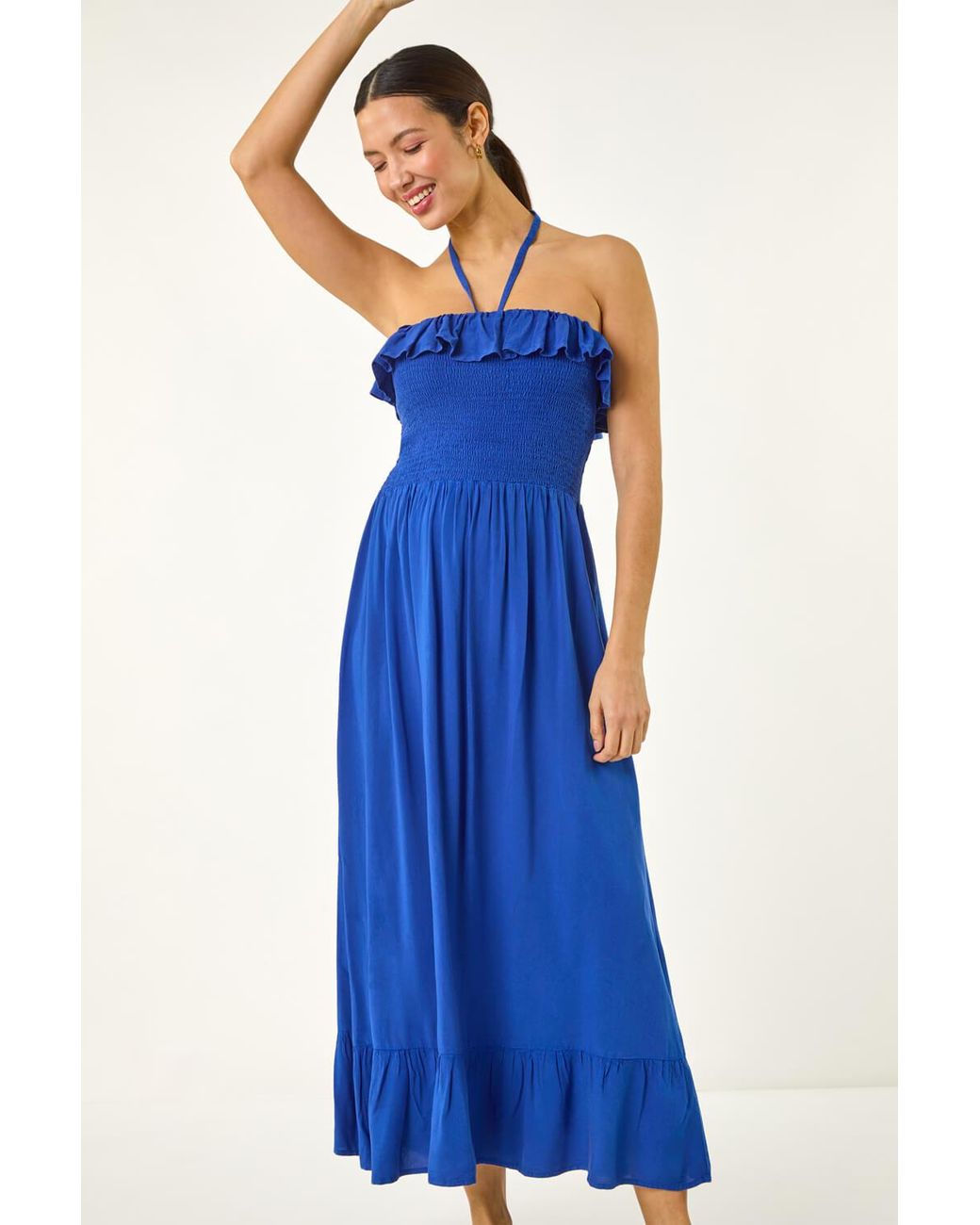 Roman Blue Frill Shirred Bandeau Midi Dress