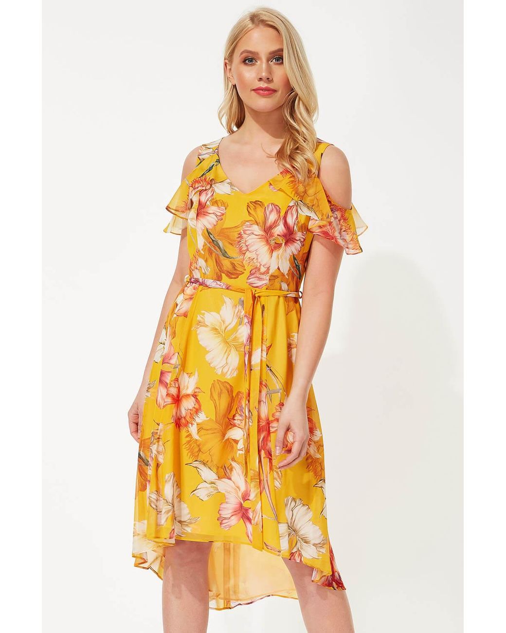 Roman Orange Floral Cold Shoulder Chiffon Hanky Hem Dress