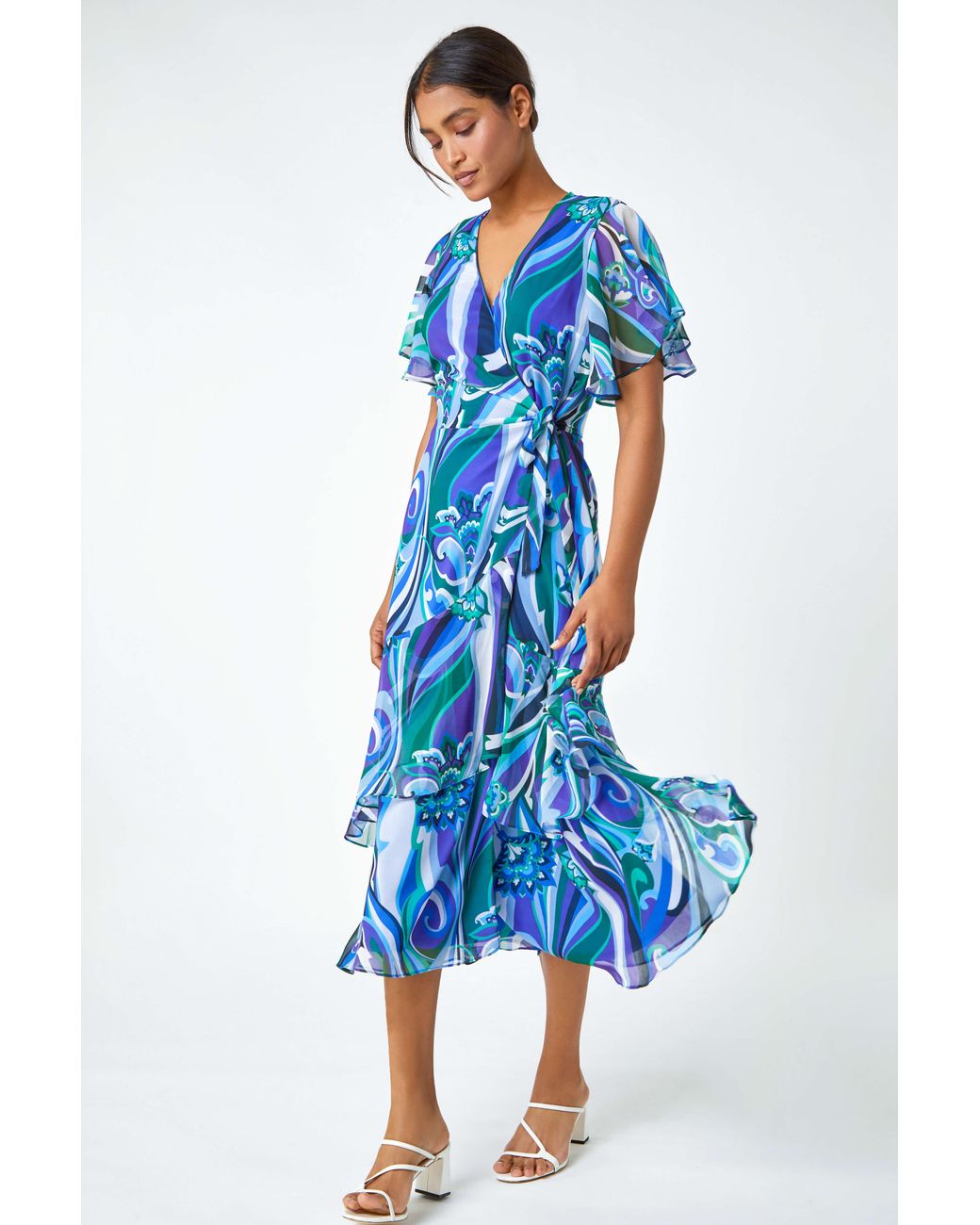 Roman Blue Floral Swirl Print Chiffon Tiered Wrap Dress