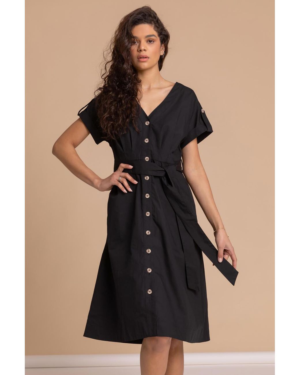 Roman Black Cotton Belted Midi Shirt Dress
