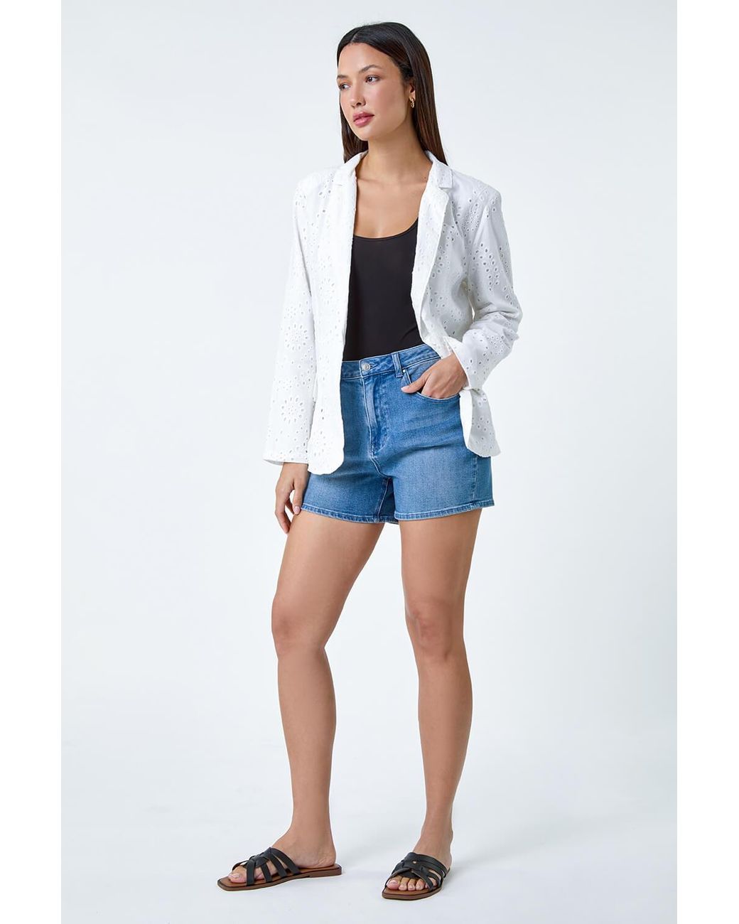 Roman Blue Cotton Broderie Blazer Jacket