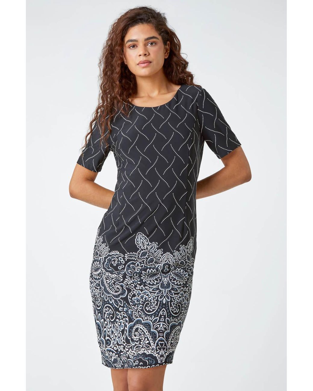 Roman Black Border Print Stretch Shift Dress
