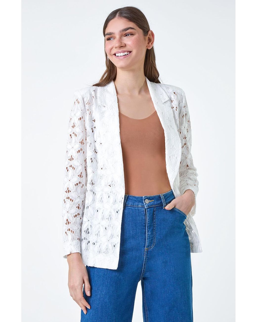 Roman White Cotton Blend Floral Lace Blazer
