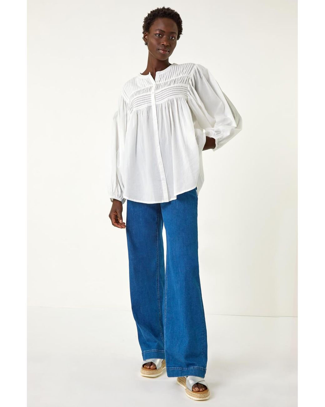 Roman Blue Pleat Detail Button Through Blouse