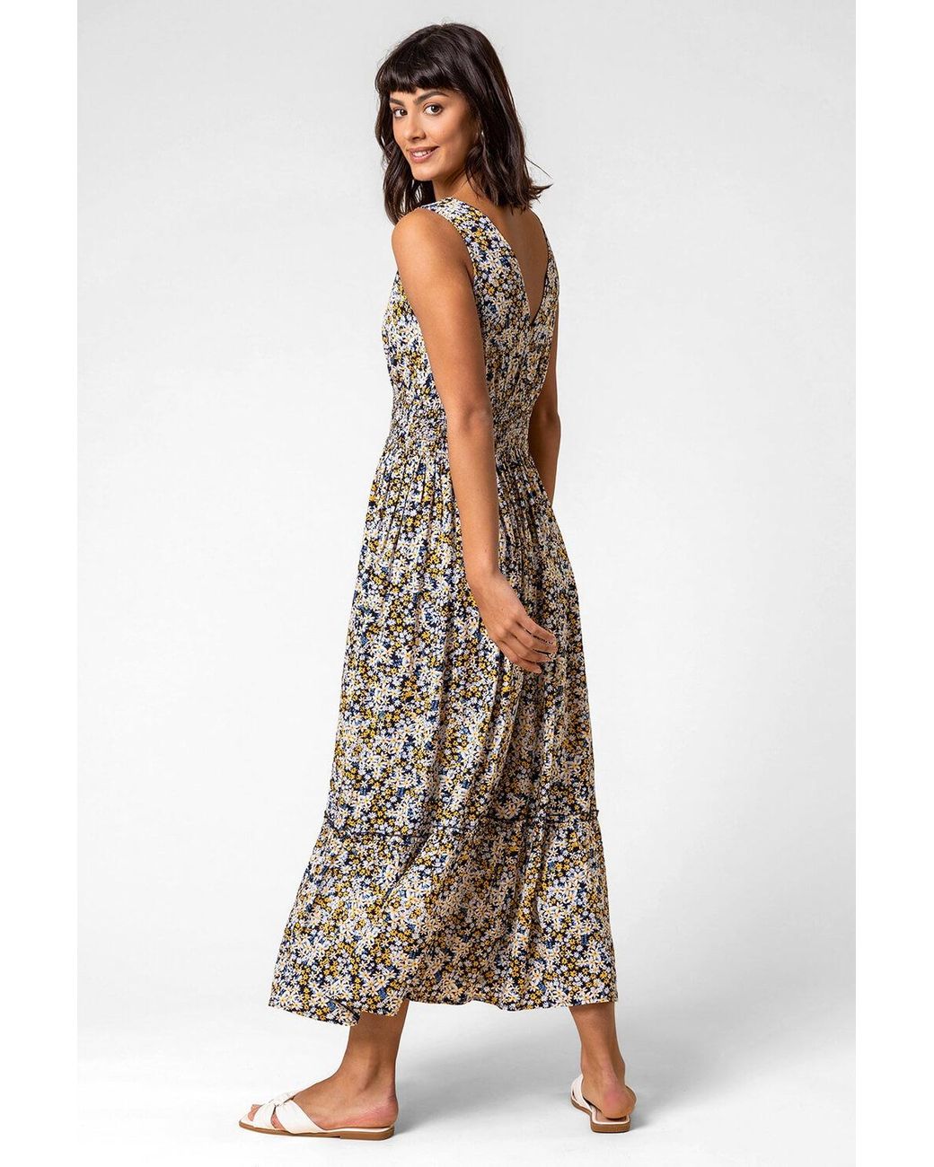 Roman Natural Ditsy Floral Shirred Waist Midi Dress
