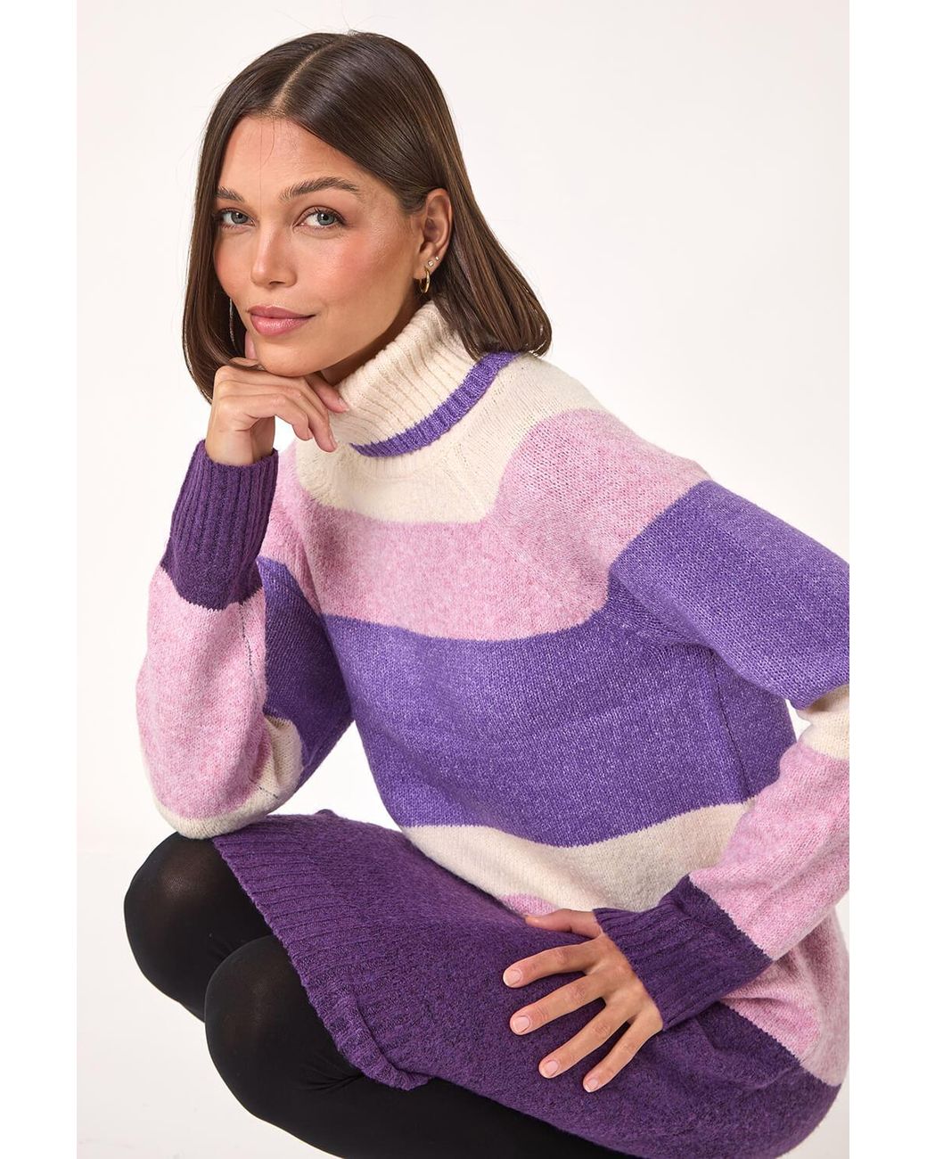 Roman Purple Stripe Roll Neck Knitted Dress