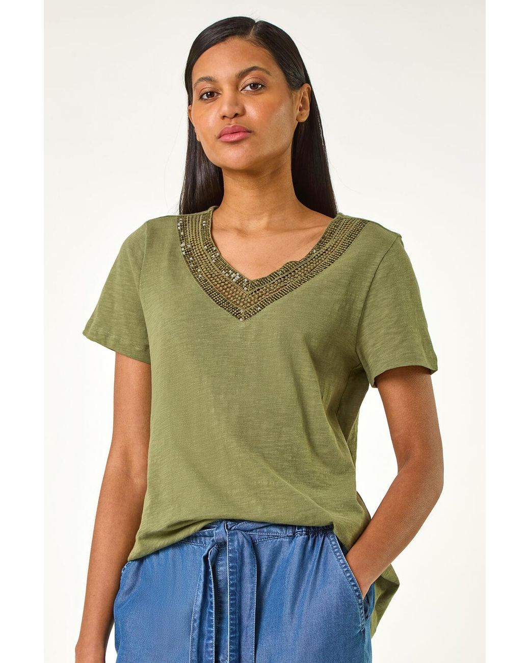 Roman Green Sequin Trim V-Neck Stretch Top