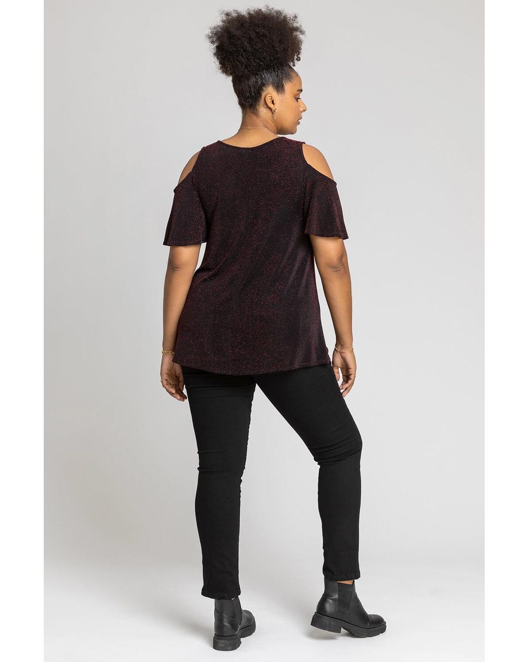 Roman Curve Red Cold Shoulder Shimmer Top