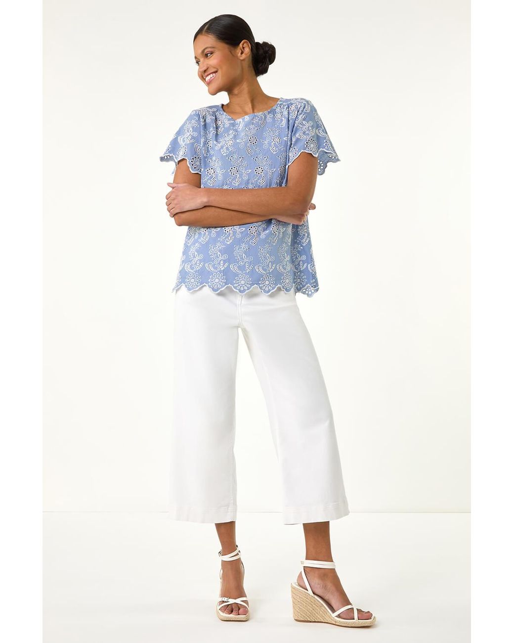 Roman Blue Floral Broidery Top