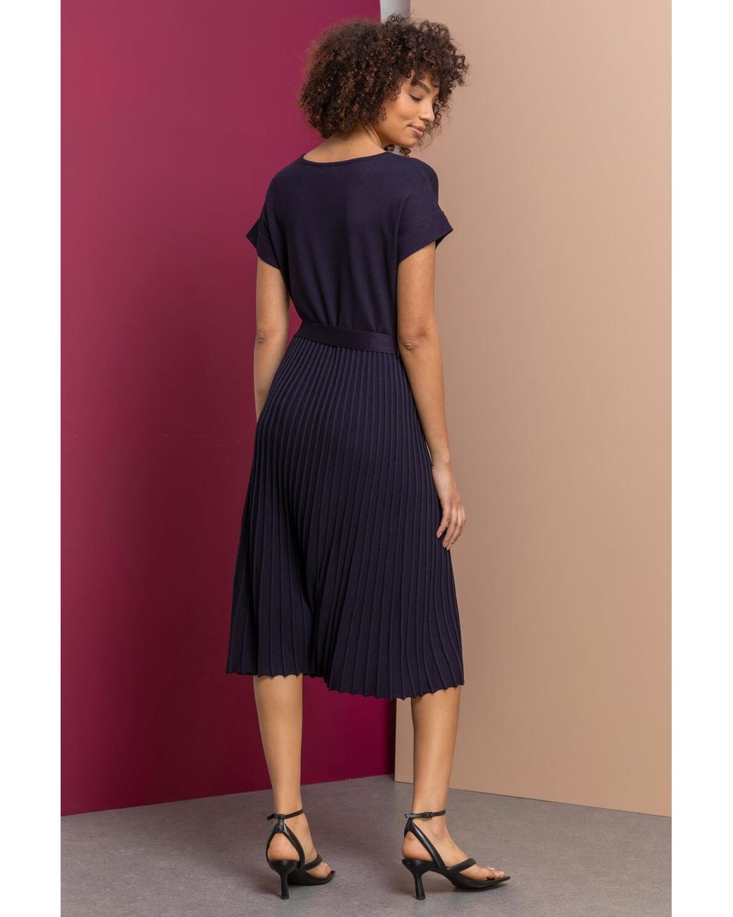 D.u.s.k Blue Belted Wrap Pleated Knit Dress