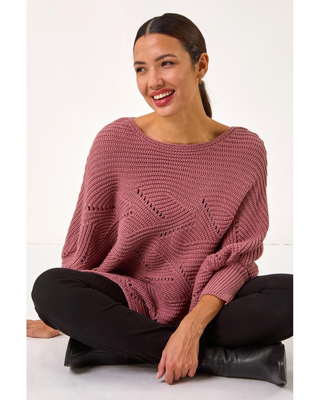 Roman Red Pointelle Detail Knit Poncho