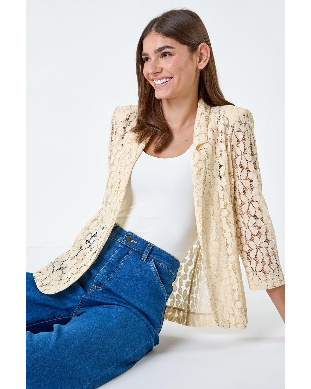 Roman Blue 3/4 Sleeve Floral Lace Blazer Jacket