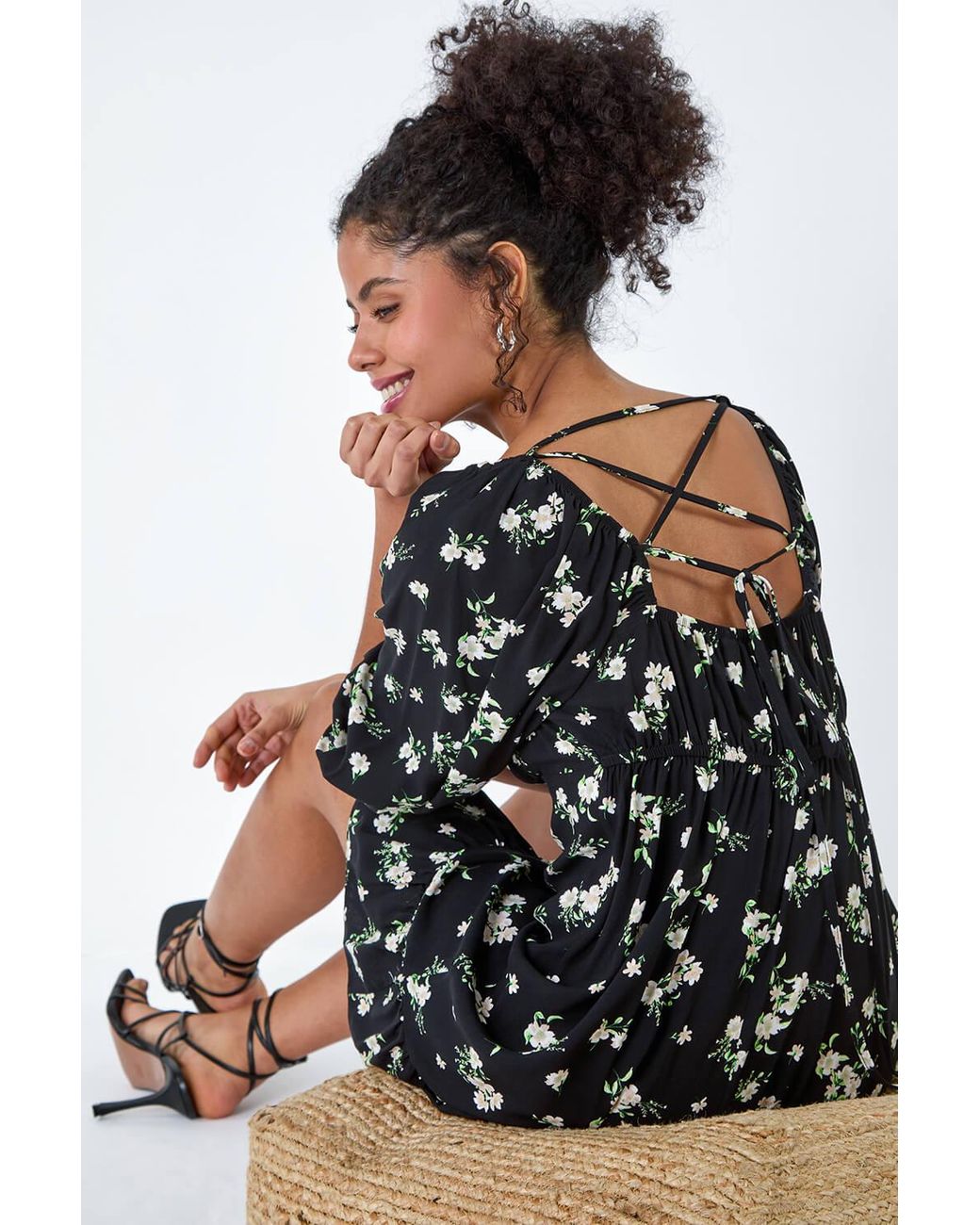 D.u.s.k Black Floral Tie Back Frill Hem Dress