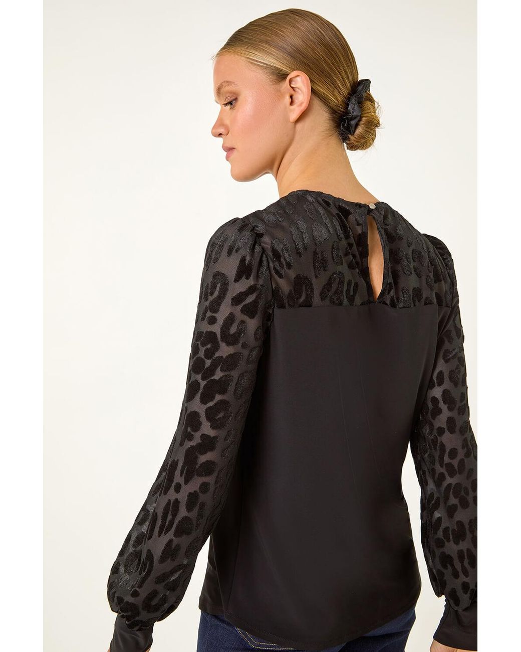Roman Blue Animal Print Velvet Puff Sleeve Jersey Top